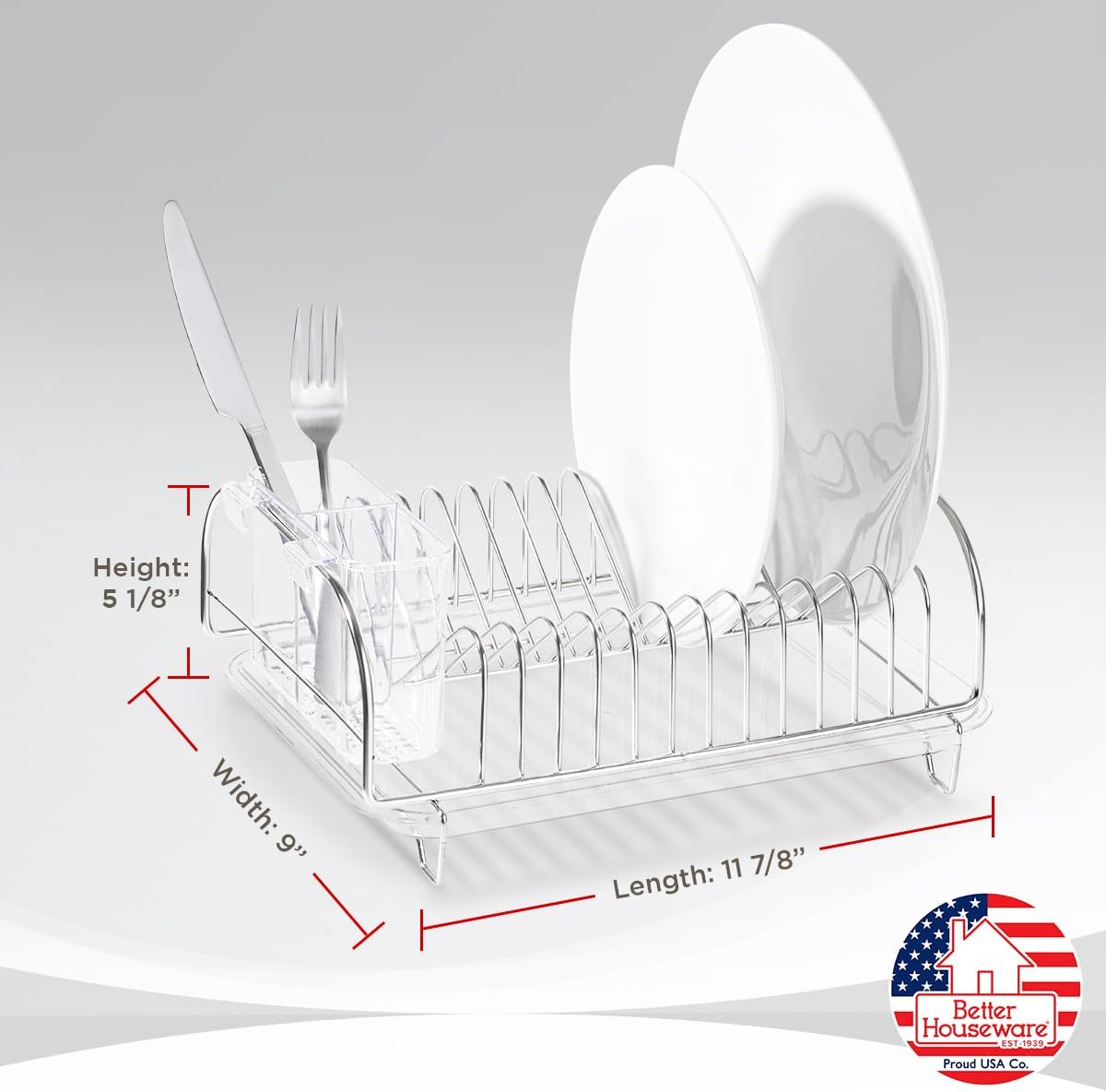 Better Houseware Stainless Steel Dish Drainer with Clear Plastic Tray and Cutlery Holder, Compact Space-Saving - Holds Up to 12 Plates