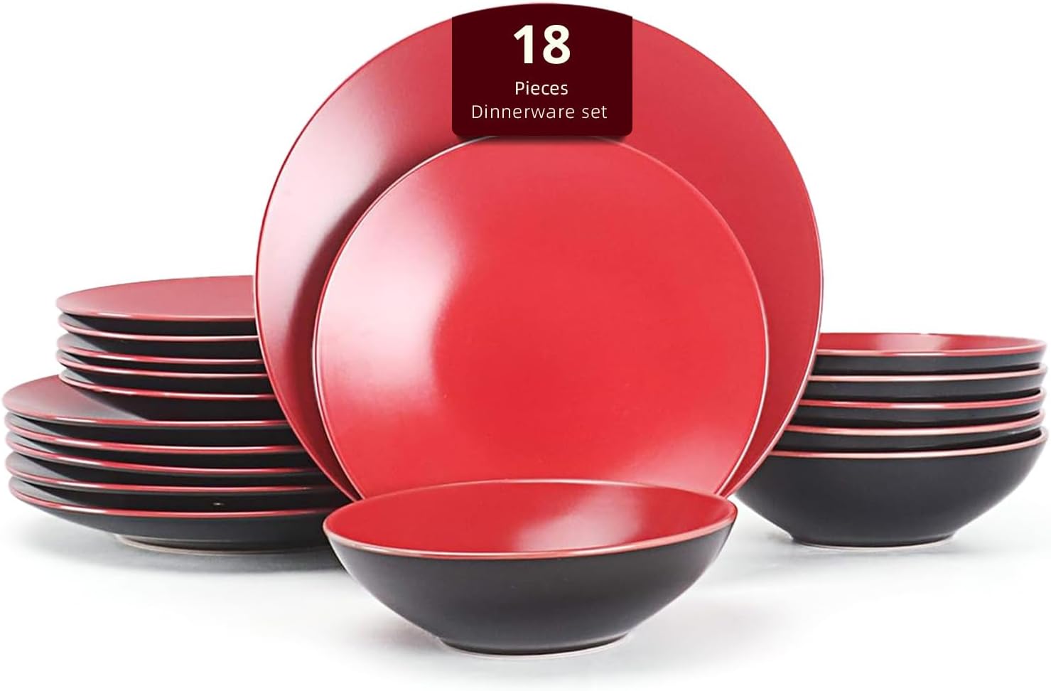 Stoneware Two-Tone Colors Life 16pc Dinner Set，Outside Shiny Black + Inside Matte Glaze Olive