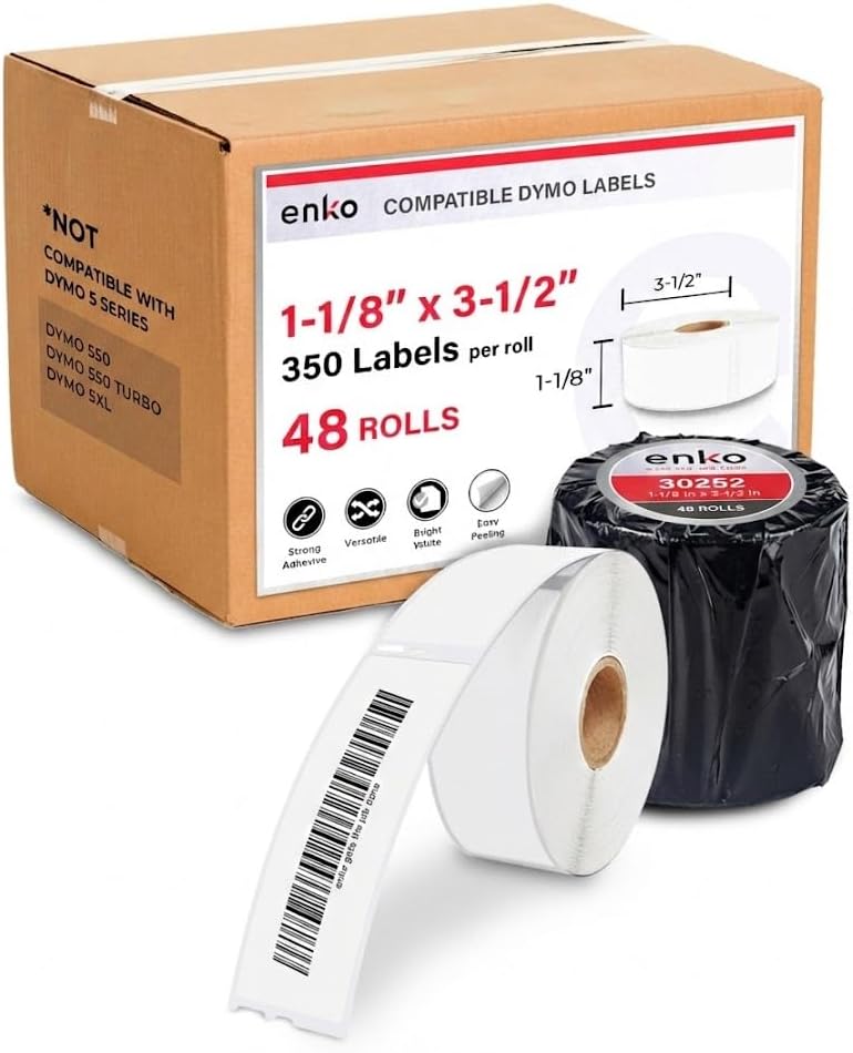 enKo 30252 12 Rolls | 4200 Address and Shipping Labels (1-1/8 x 3-1/2 in) | Water resistant Direct Thermal Return Address and Barcode Labels Compatible with Dymo LabelWriter 450 Turbo and 4XL Printers