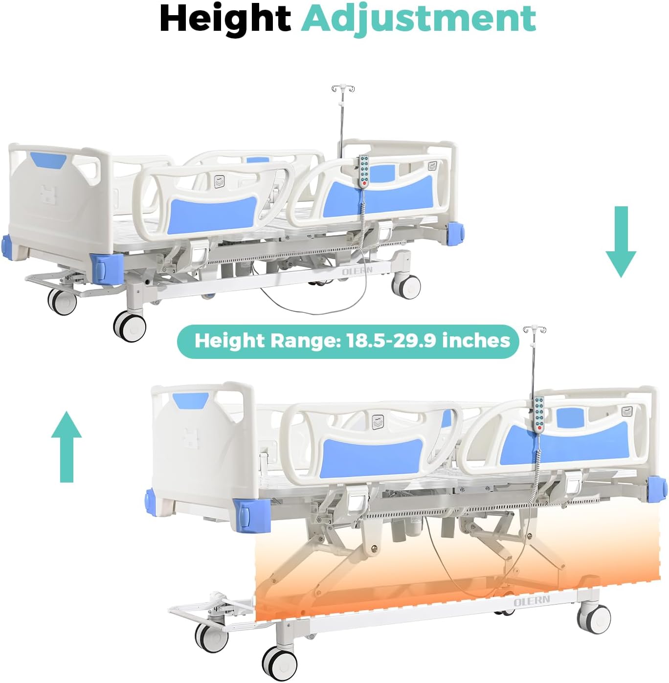 Premium 3 Function Full Electric Hospital Bed,Adjustable Medical Bed | 550LBS,4.7" Waterproof Mattress,Adjustable Height,One-Click CPR,Iv Pole,Germany Moter for Home Use Hospital Nursing Clinic