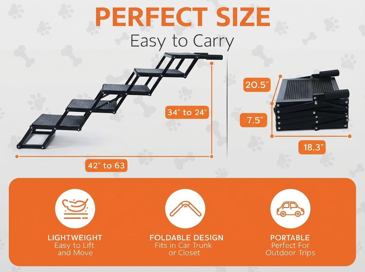 Foldable Dog Stairs for Cars Trucks & SUVs - Heavy-Duty Carbon Steel Pet Ladder Supports 230LB - Non-Slip Metal Mesh Joint-Friendly Portable Ramp for Large Dogs - 5 Step Pet Stairs w/Mat