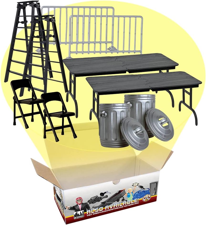Set of 10 Accessories for Wrestling Action Figures | Double the Match Action with 2 Tables, 2 Chairs, 2 Ladders, 2 Trash Cans & 2 Guardrails