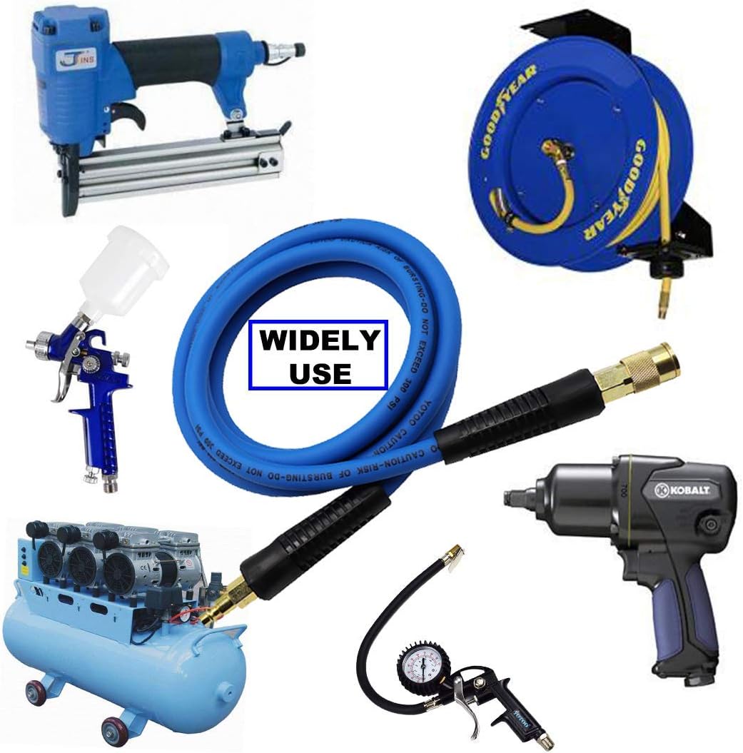 YOTOO Air Hose 3/8 in x 50 ft, Heavy Duty Hybrid Air Compressor Hose, Flexible, Lightweight, Kink Resistant with 1/4" Industrial Quick Coupler Fittings, Bend Restrictors, Blue
