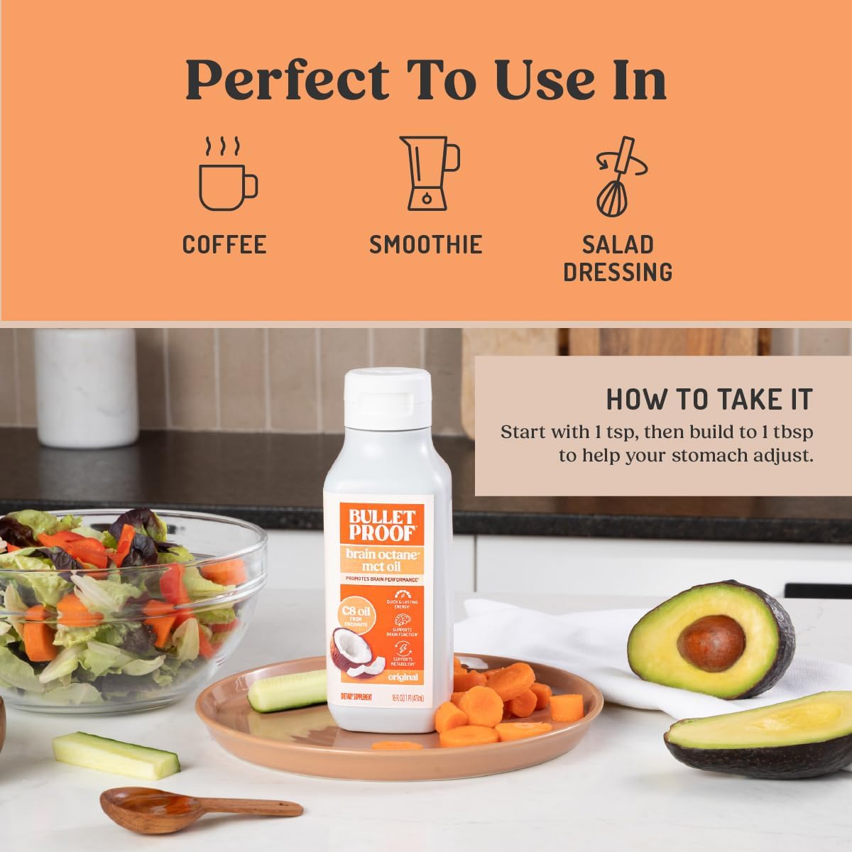 Bulletproof Brain Octane C8 MCT Oil, Non-GMO, 16 oz – 100% C8 from Coconut | 100% Pure Coconut Oil, Triple-Distilled Keto Energy Supplement for Coffee & Smoothies, Unflavored, No Additives, Non-GMO