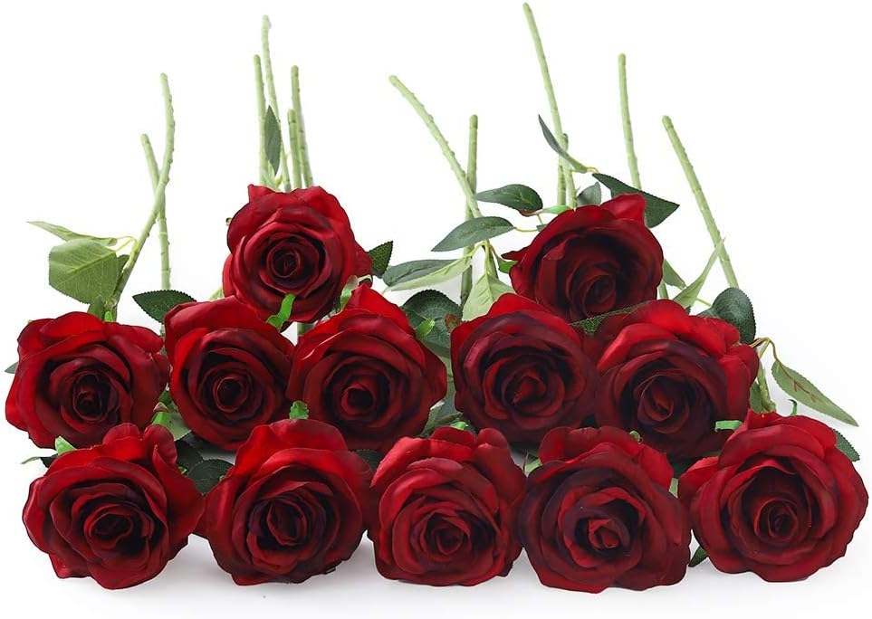 12 PCS Artificial Flowers Roses Silk Flowers Fake Long Stem Artificial Roses for Home Wedding Decorations (Yellow)