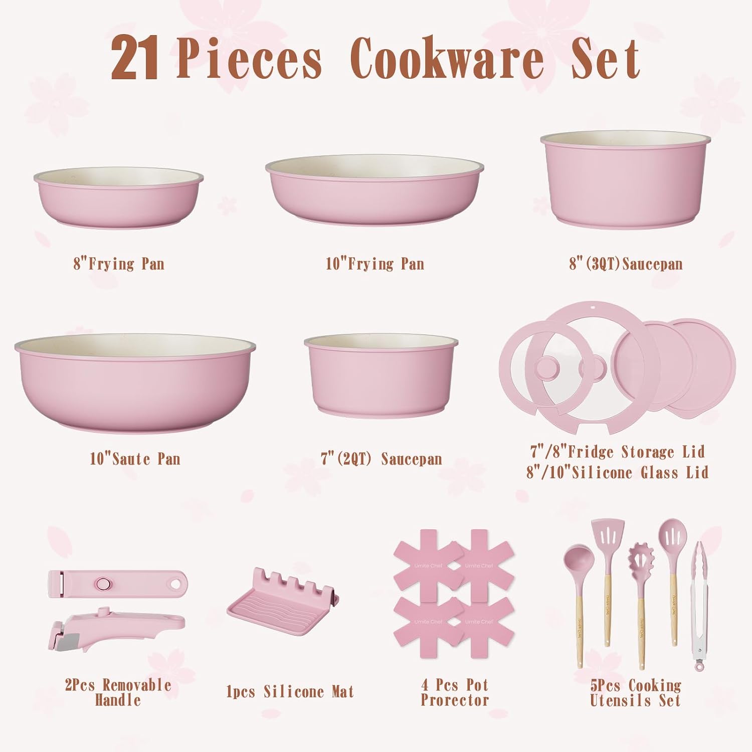 Umite Chef Non Stick Pots and Pans Set, 21 Pcs Ceramic Kitchen Cookware Set with Detachable Handle, Nonstick Healthy Induction Cookware, Dishwasher RV Cookware Set, Oven Safe, Stackable, Sage Green