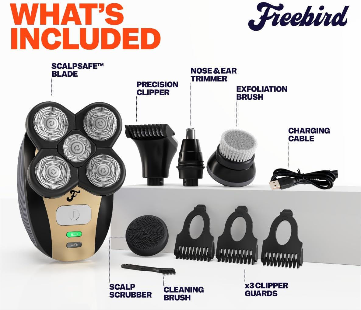 Freebird FlexSeries Electric Head & Body Hair Shaver - Mens Cordless Rechargeable Wet/Dry Skull Bald Head Back & Groin Waterproof Razor with Rotary
