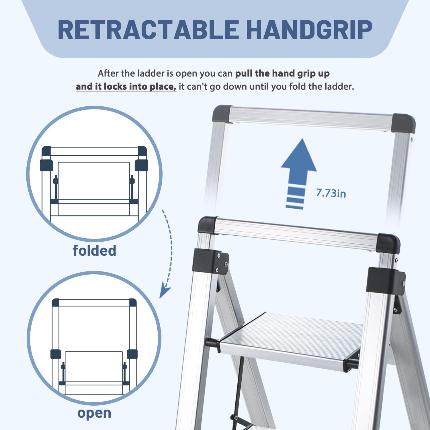 XinSunho 3 Step Ladder, Aluminum Folding Stool with Retractable Handgrip