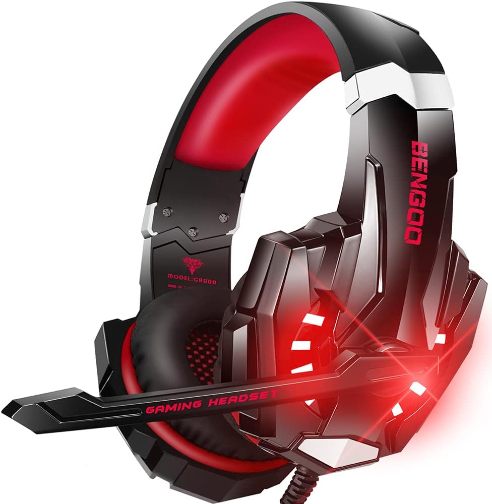 BENGOO G9000 Stereo Gaming Headset for PS4 PC Xbox One PS5 Controller, Noise Cancelling Over Ear Headphones with Mic, LED Light, 7.1 Surround Sound, Soft Memory Earmuffs for Nintendo Xbox Series X|S