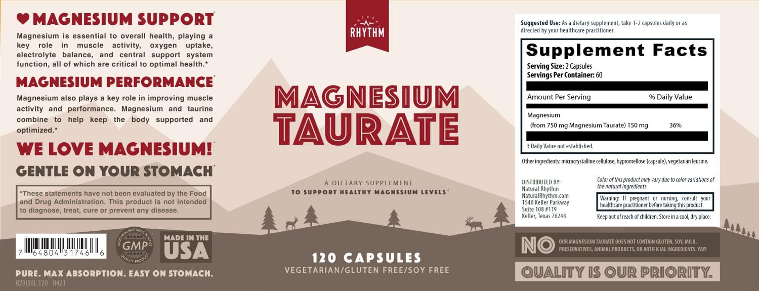 Magnesium Taurate 750mg (150mg Elemental Magnesium) – 120 Vegetarian Capsules – High-Absorption Magnesium Taurate Supplement for Heart, Muscle