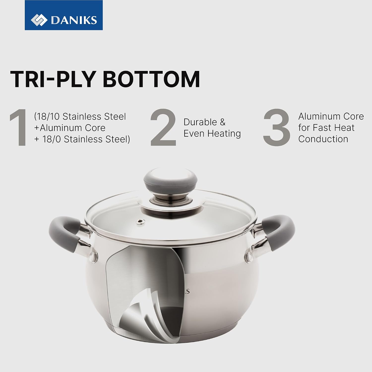 Daniks Modern 4 Quart Stainless Steel Stock Pot with Glass Lid, Tri-Ply Bottom for Even Heating, Induction Compatible, Dishwasher Safe