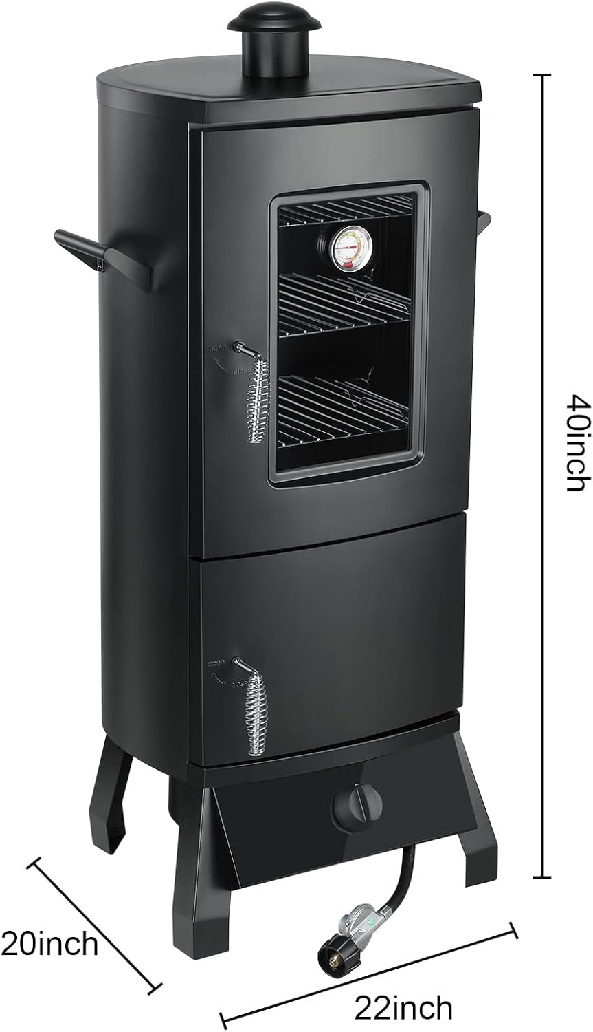 Propane Smoker with Cover, Vertical Meat Gas Smoker Grill Outdoor Heavy Duty 3 Removable Smoking Racks, Black