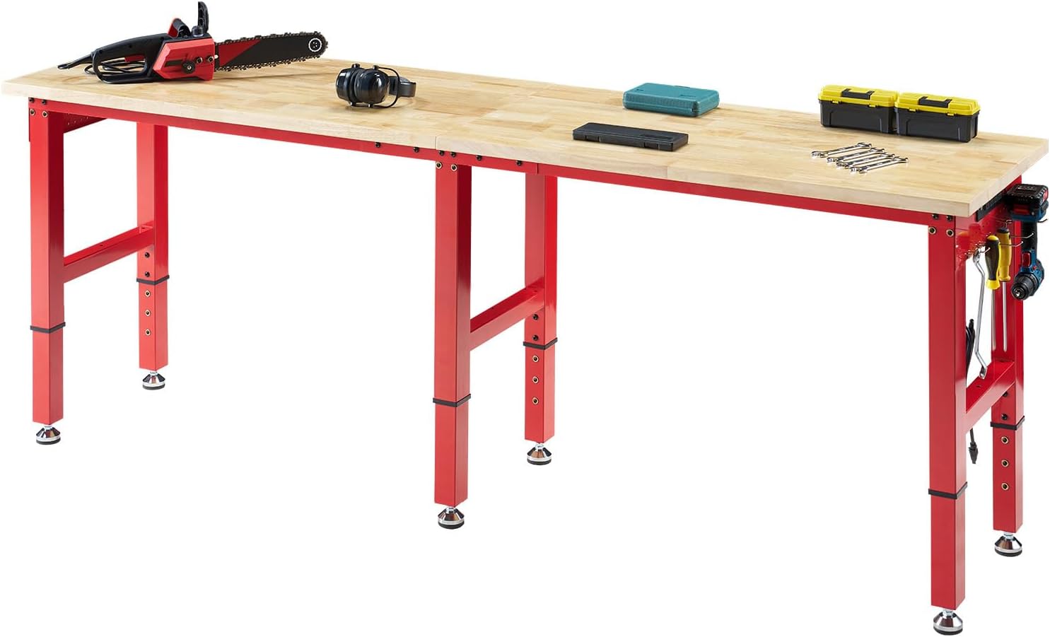 Albott 44 x 20-Inch Adjustable Workbench | 2000 Lbs Capacity, Solid Rubber Wood Top, Power Outlets and Hooks, for Garage, Workshop and Home Office, Black