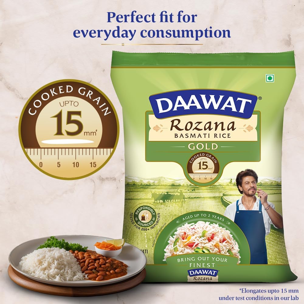 Daawat Rozana Gold Basmati Rice | Naturally Aged Long-Grain Rice | Fluffy & Non-Sticky | Ideal for Everyday Meals, 1 kg (2.2 lb)