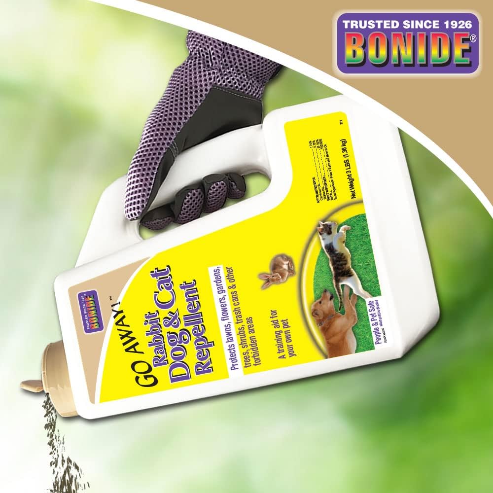 Bonide Go Away! Rabbit, Dog, & Cat Repellent Granules, 3 lbs Ready-to-Use, Keep Dogs off Lawn, Garden, Mulch & Flower Beds | Ready-to-Use, Keep Dogs off Lawn, Garden, Mulch & Flower Beds