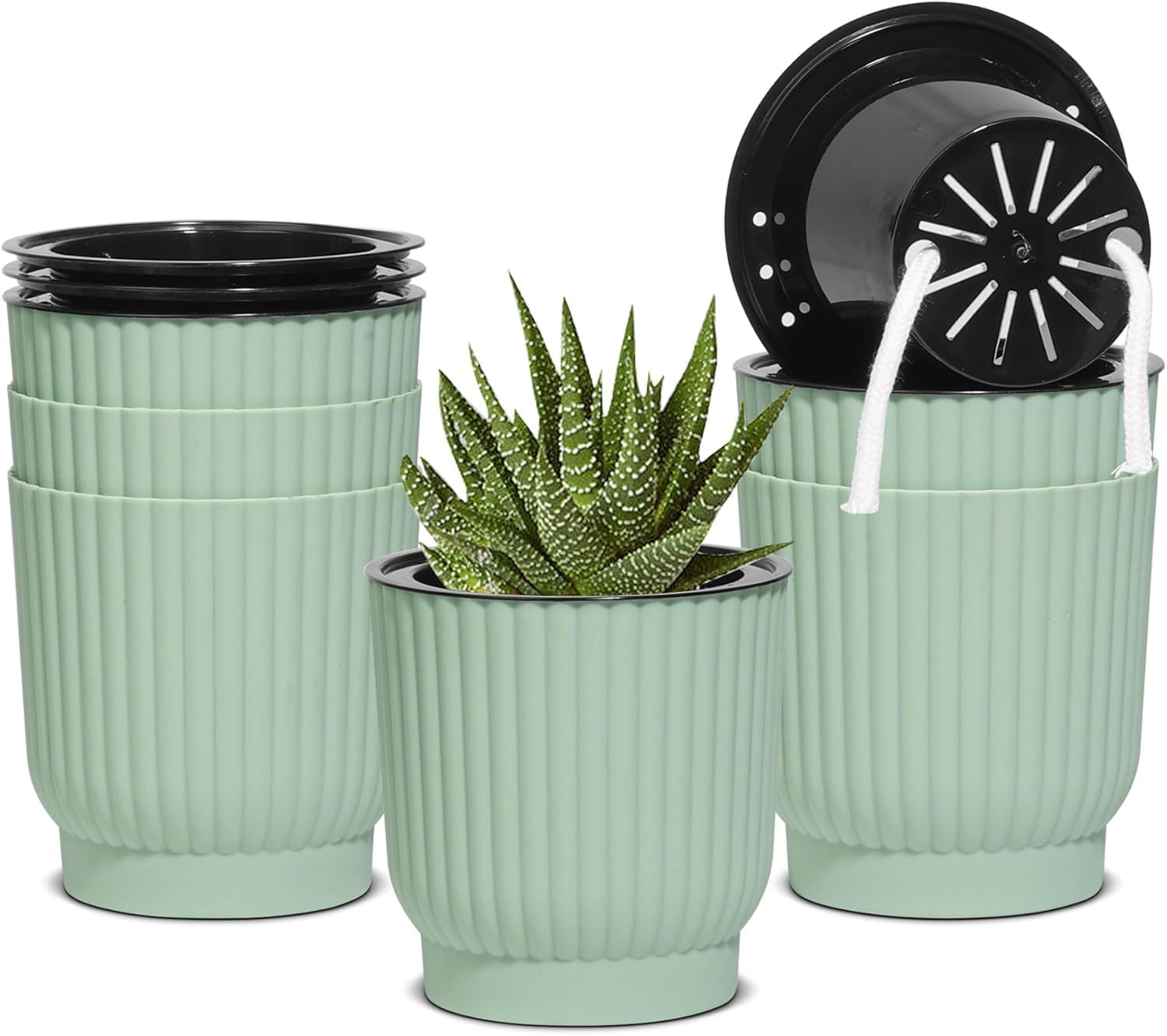 T4U Self Watering Pots for Indoor Plants, 4 Inch 6 Pack Planter White