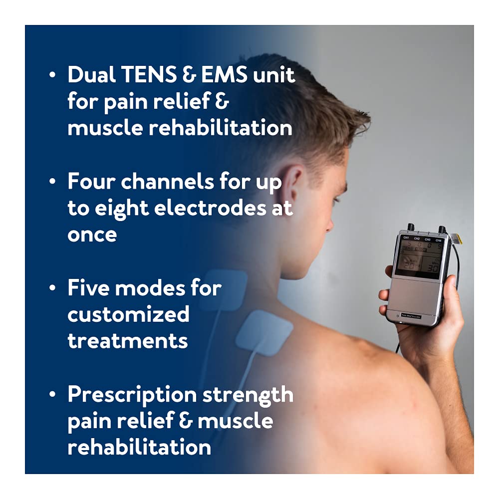 Roscoe Medical TENS Unit and EMS Muscle Stimulator – 16 Electrodes Included, 4-Channel OTC TENS Machine for Back Pain Relief, Lower Back Pain Relief