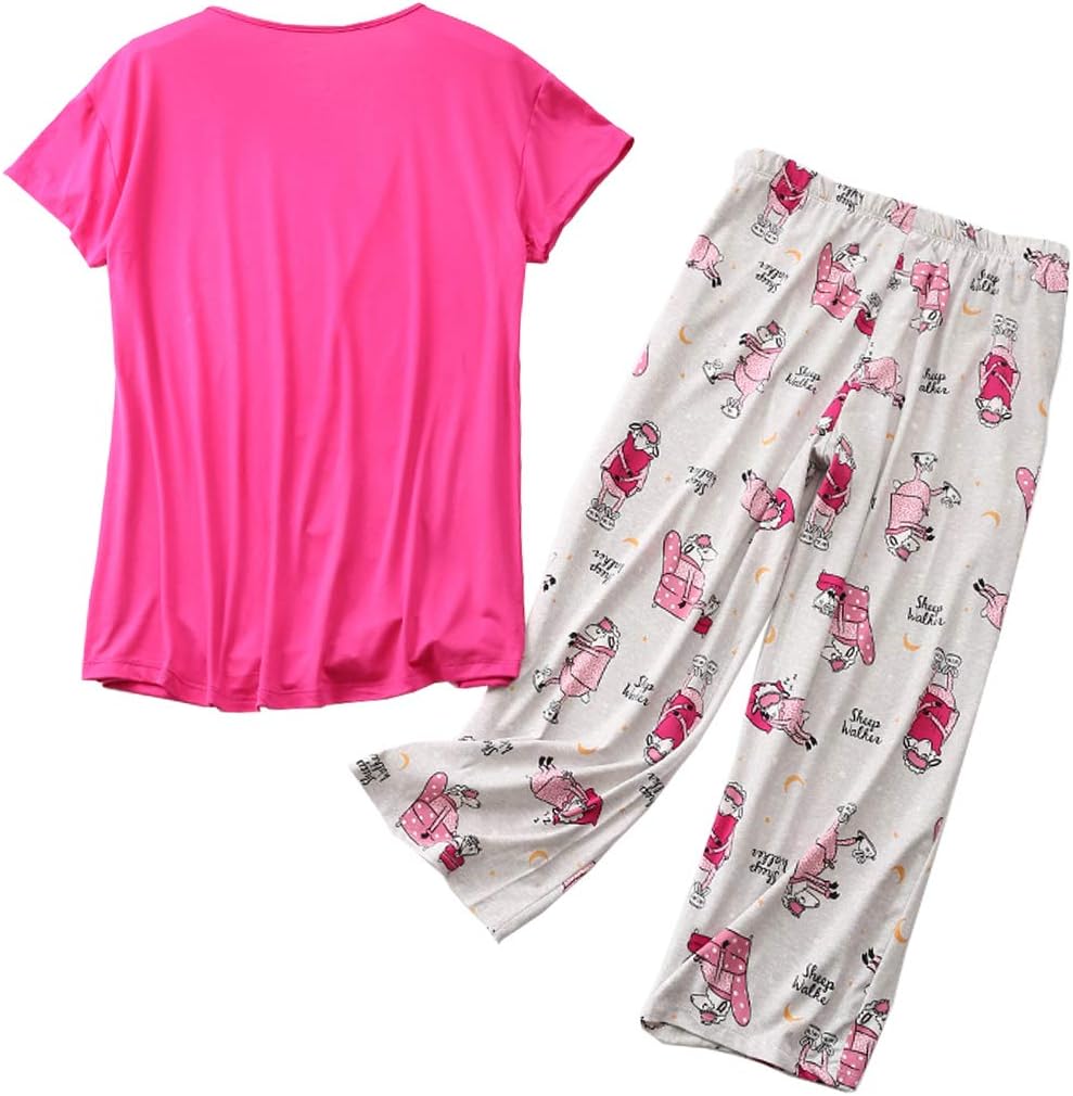ENJOYNIGHT Womens Pajama Set Cotton Summer Pj Top with Capri Pant Sleepwear