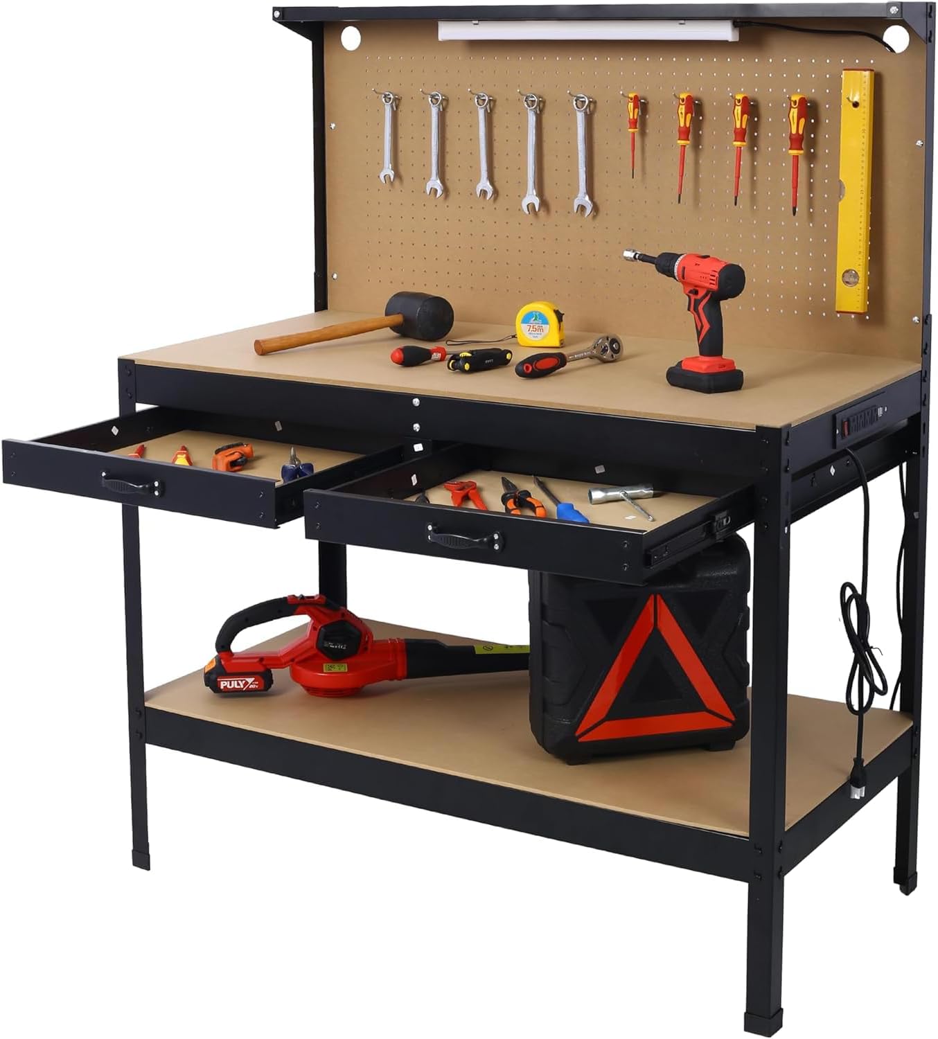 Heavy-Duty Steel Workbench with LED Light, 59'' Tool Storage Bench with Power Outlets & USB Ports, 200 lbs Capacity
