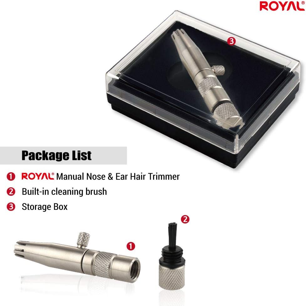 ROYAL [Made in Korea] Premium Manual Nose Hair Trimmer for Men Silver Bullet, Battery-Free, Stainless Steel Rotary Blade Grooming Tool, Waterproof
