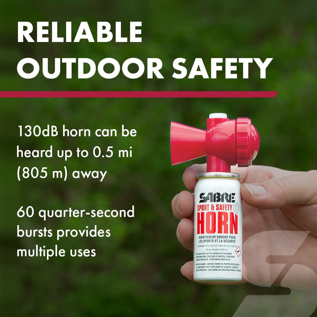 SABRE Sport and Safety Horn, 130 dB Air Horn, 60 ¼ Second or 25 ½ Second Bursts, Audible Up to 1/2-Miles (804-Meters), Perfect for Use at Sporting Events, Boating, Camping, Hiking