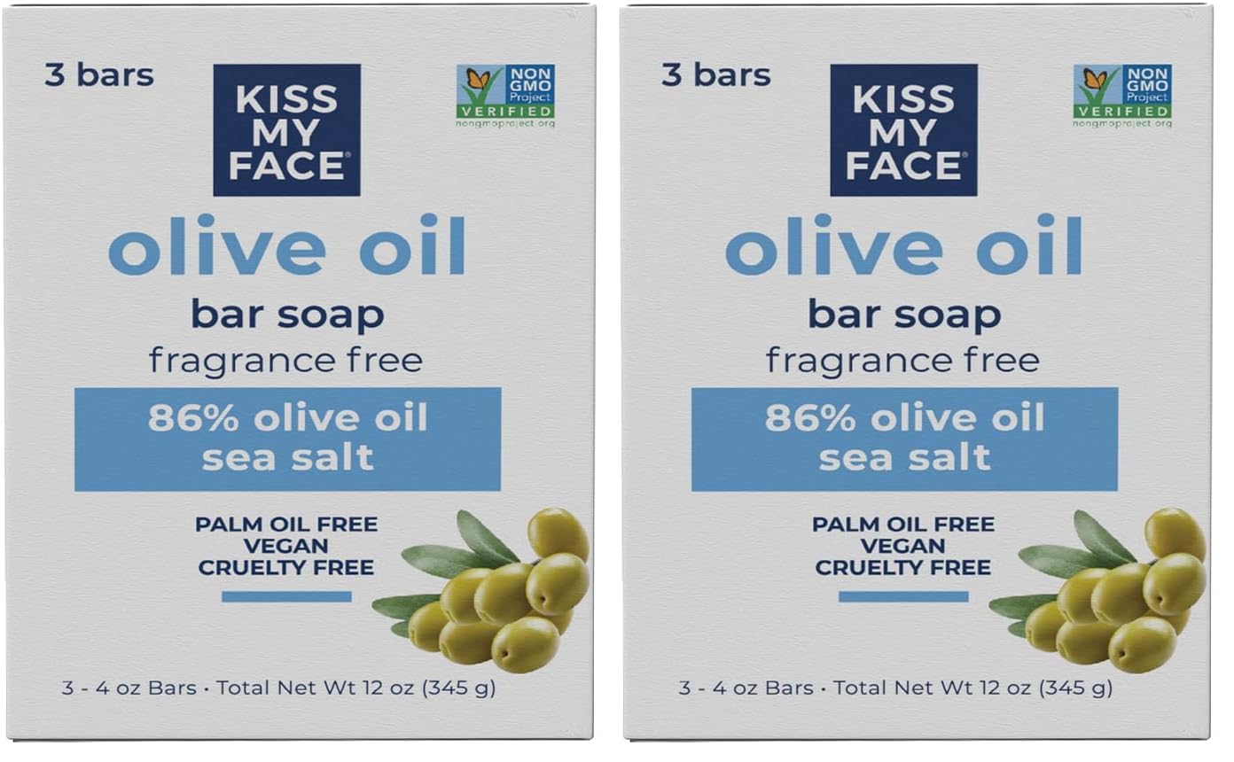 Kiss My Face Olive Oil Fragrance Free Bar Soap, Moisturizing Bar Soap, Cruelty Free Vegan Soap, Palm Oil Free, 4 Oz - 3 Count (Pack of 1)