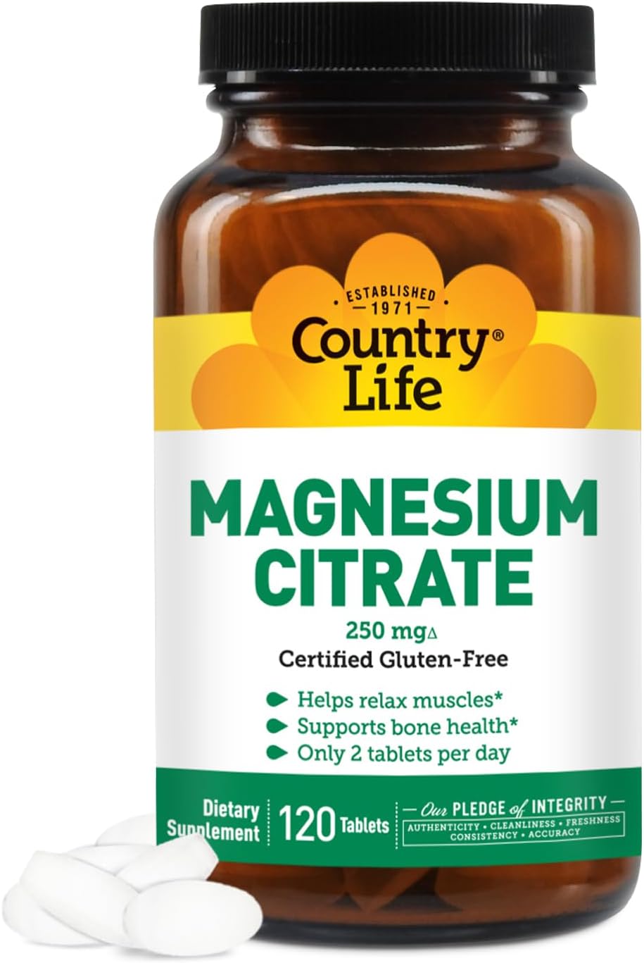 Country Life Magnesium Citrate 250mg - 120 Tablets - Supports Muscle & Nerve Function, Heart Rhythm, Healthy Immune System