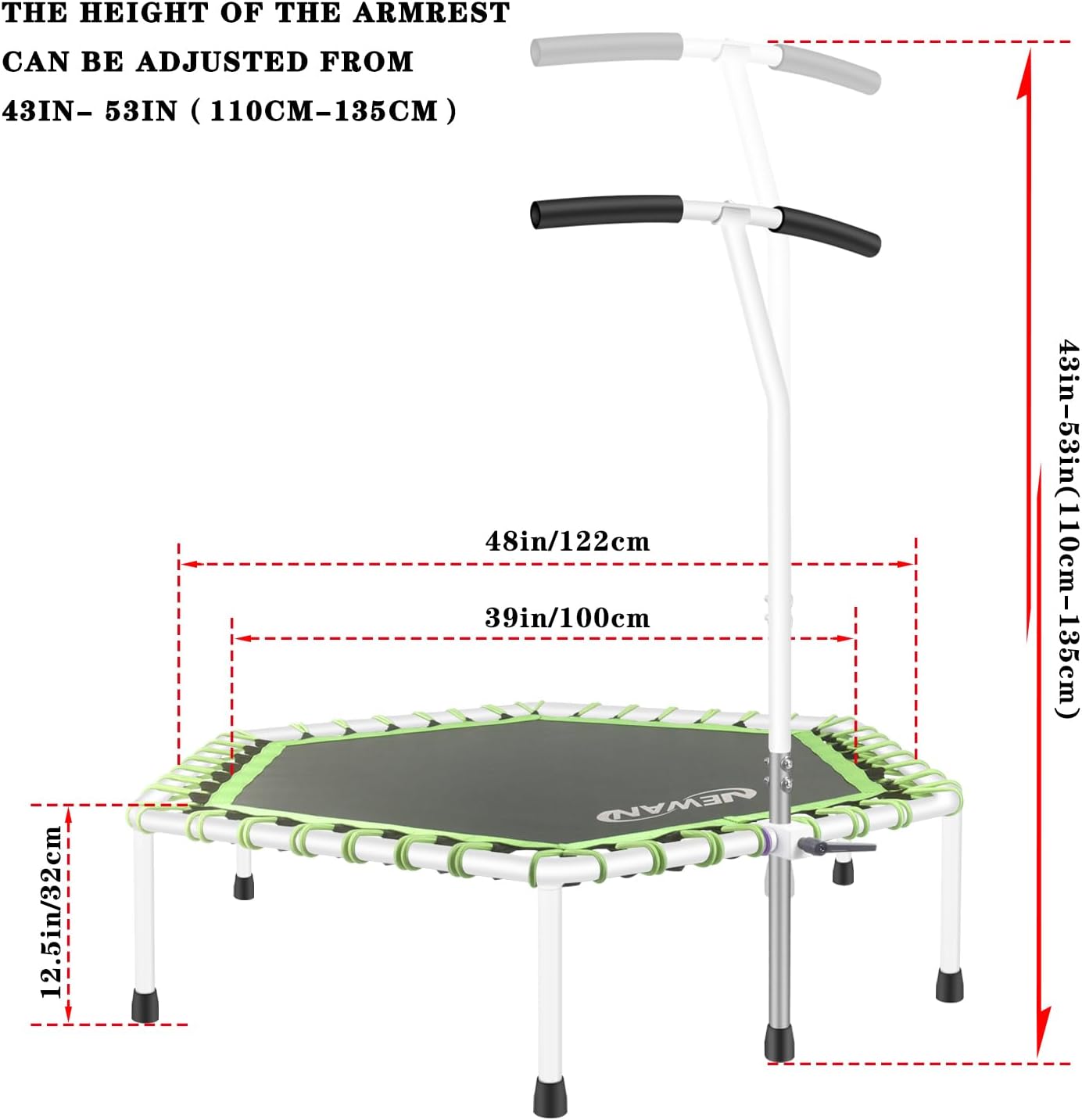 Newan 48'' Fitness Trampoline with Adjustable Handle Bar, Silent Trampoline Bungee Rebounder Jumping Cardio Trainer Workout for Adults - Max Limit 330 lbs