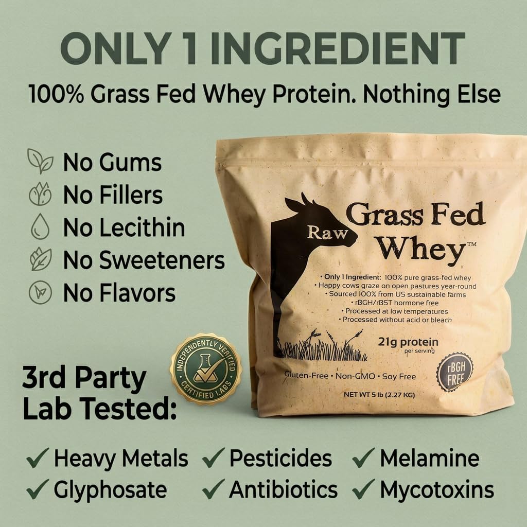 Raw Grass Fed Whey Protein Powder, Unflavored – 1 Ingredient, No Additives or Fillers, Undenatured, Made in USA, 5 lb