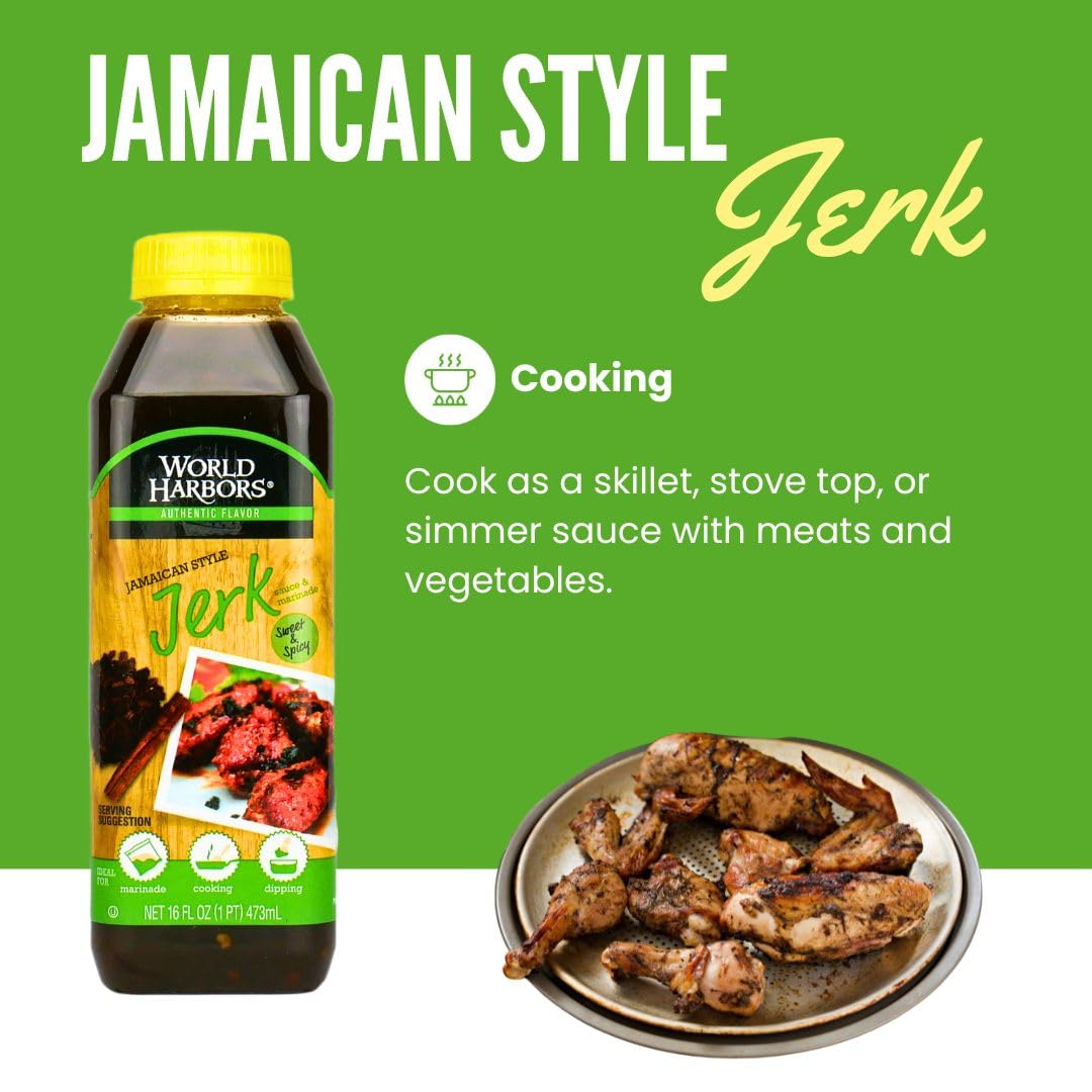 World Harbors Jamaican Jerk Sauce Sweet & Spicy Marinade for Jamaican Jerky Seasoning Chicken, Sirloin, Shrimp Jerk Seasoning Jamaican Style - Flavors for Dipping, Glazing 16 oz (Pack of 2)