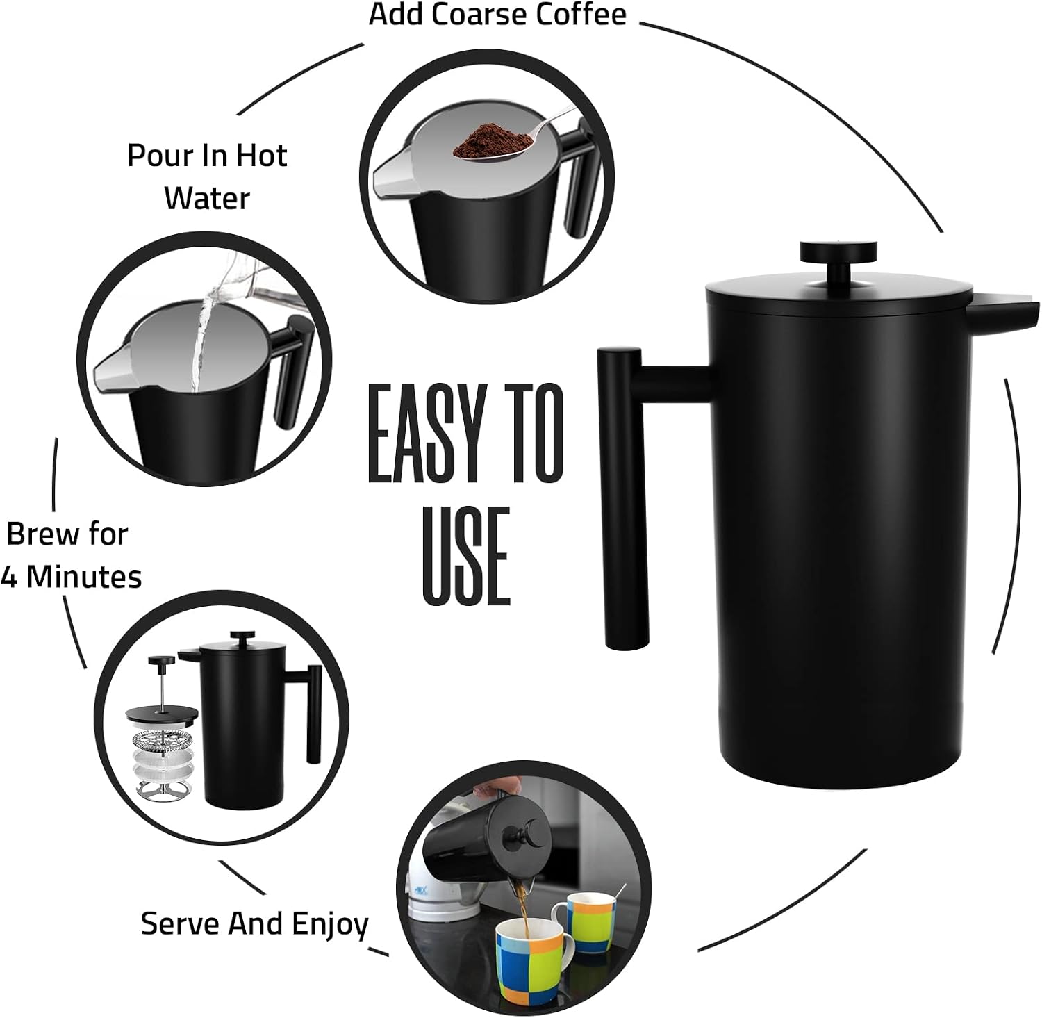 Utopia Kitchen 304 Grade Stainless Steel French Press 34 Oz, Silver | Double Wall Insulated Coffee Press with 4-Level Filtration System, Include 2 Extra Filters, Rust-Free, Dishwasher Safe
