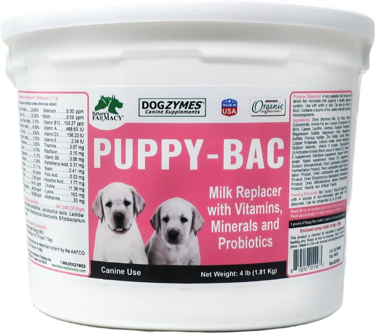 Dogzymes Puppy-Bac Milk Replacer formulated with The Proper ratios of Protein, Fat and nutrients for Growing Puppies (8 Ounce)