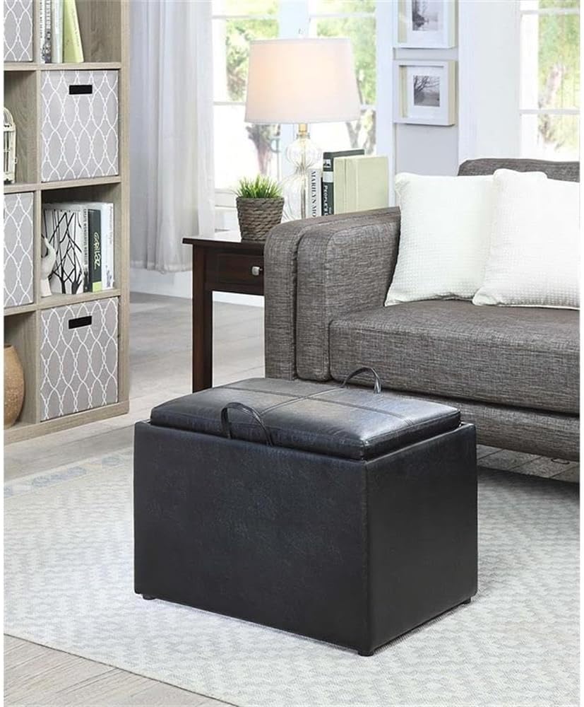 Convenience Concepts Designs4Comfort Accent Storage Ottoman 22.75" - Modern Foot Stool with Decorative Tray for Living Room, Dining Room, Office, Blue Faux Leather