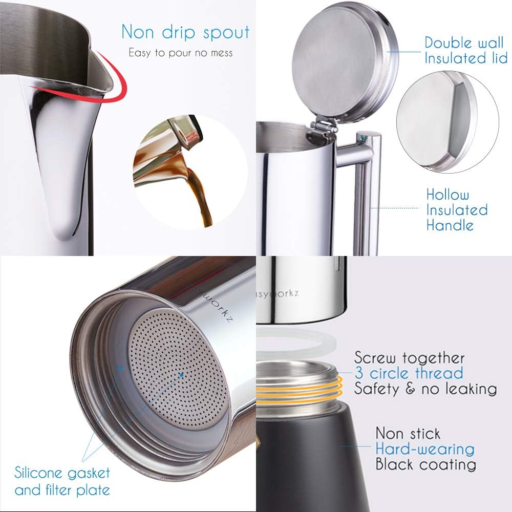 Easyworkz Diego Stovetop Espresso Maker Stainless Steel Italian Coffee Machine Maker 6Cup 10 oz Moka Pot Induction Espresso Pot
