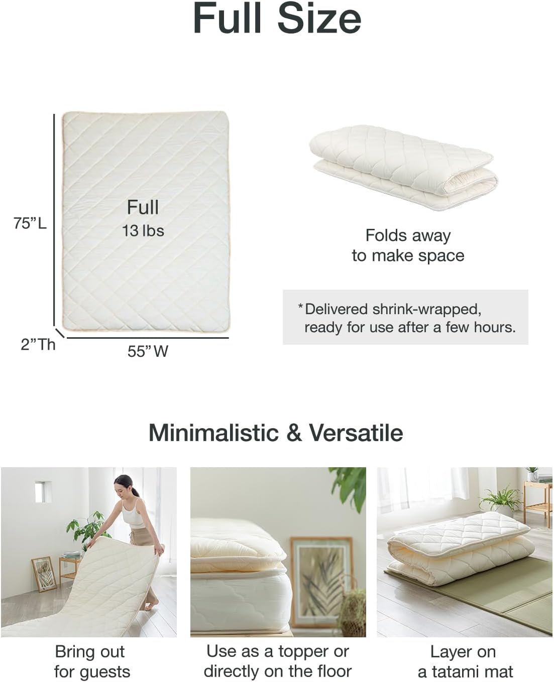 FULI Japanese Futon, Twin XL Size, White - Foldable Shikibuton Floor Bed | Medium Firm Quilted Cotton Sleeping Pad, Portable Roll-Up Japanese Floor Bed for Guests & Small Spaces, 100% cotton surface