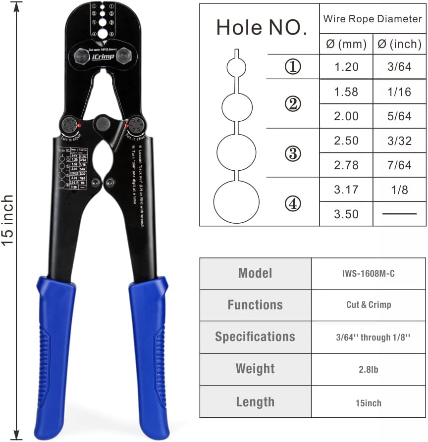 iCrimp Wire Rope Crimping Tool for Aluminum Loop Sleeve, Two Barrel Ferrule, Oval Sleeves, 3/64 in to 1/8 in, Swaging Tool Kit with Wire Rope Cutter