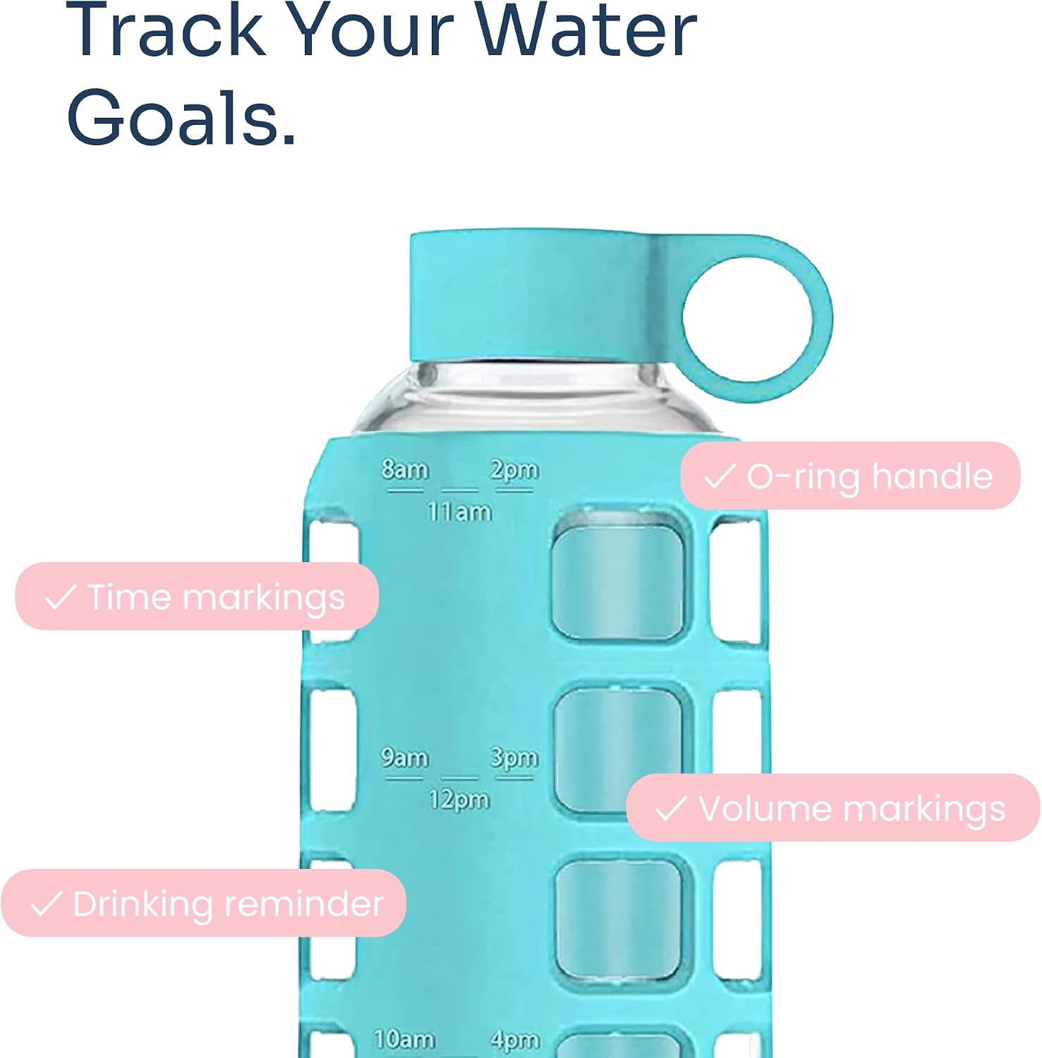 purifyou 40oz / 32oz / 22oz / 12oz Borosilicate Glass Water Bottle with Time & Volume Markers, Silicone Sleeve