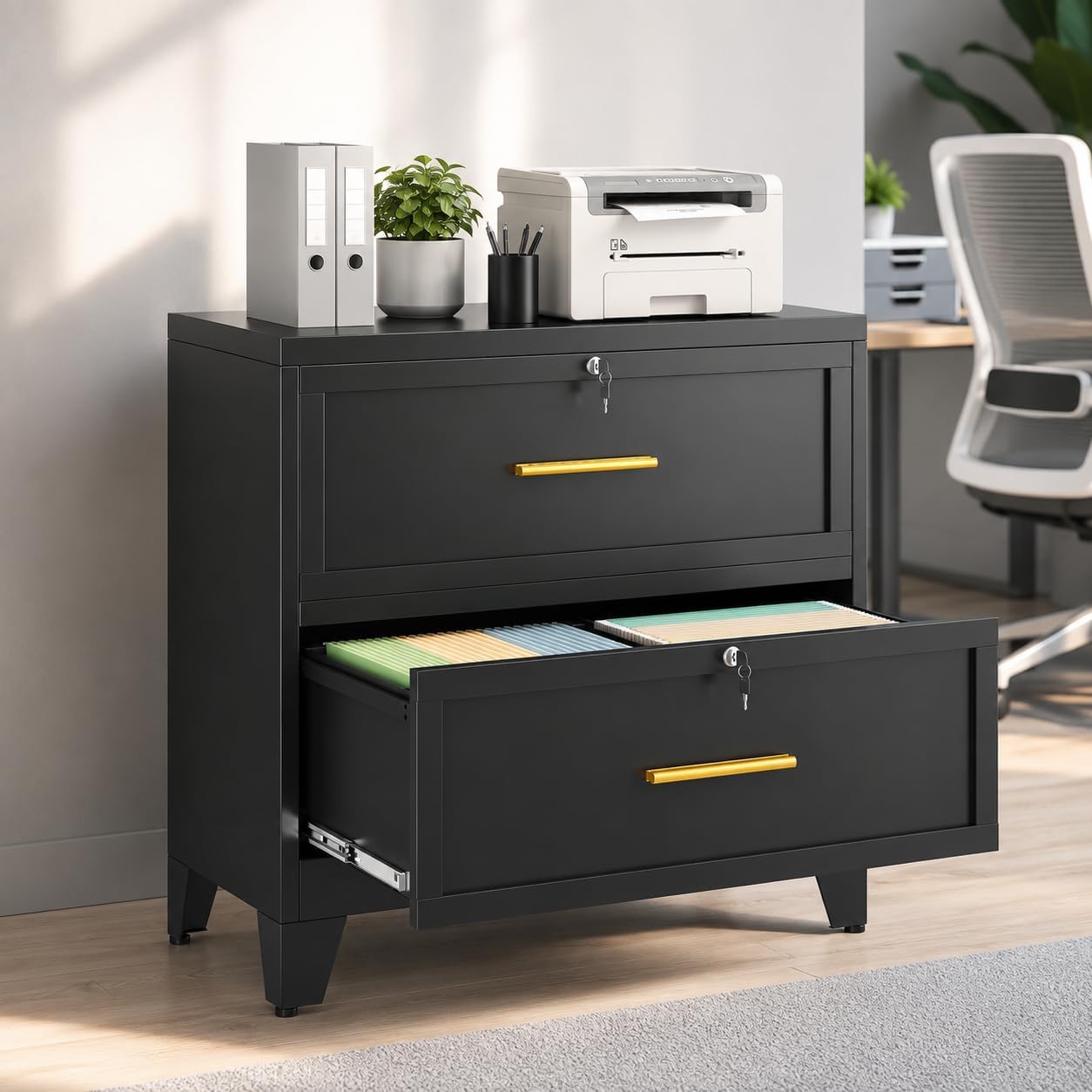 3 Drawer File Cabinet, Office Mobile Filing Cabinet, Printer Stand | All-in-One Office Storage, 3 Storage Drawers, 2 Adjustable Shelves, Lockable Cabinet, 4 Casters, 46.5-Inch Top