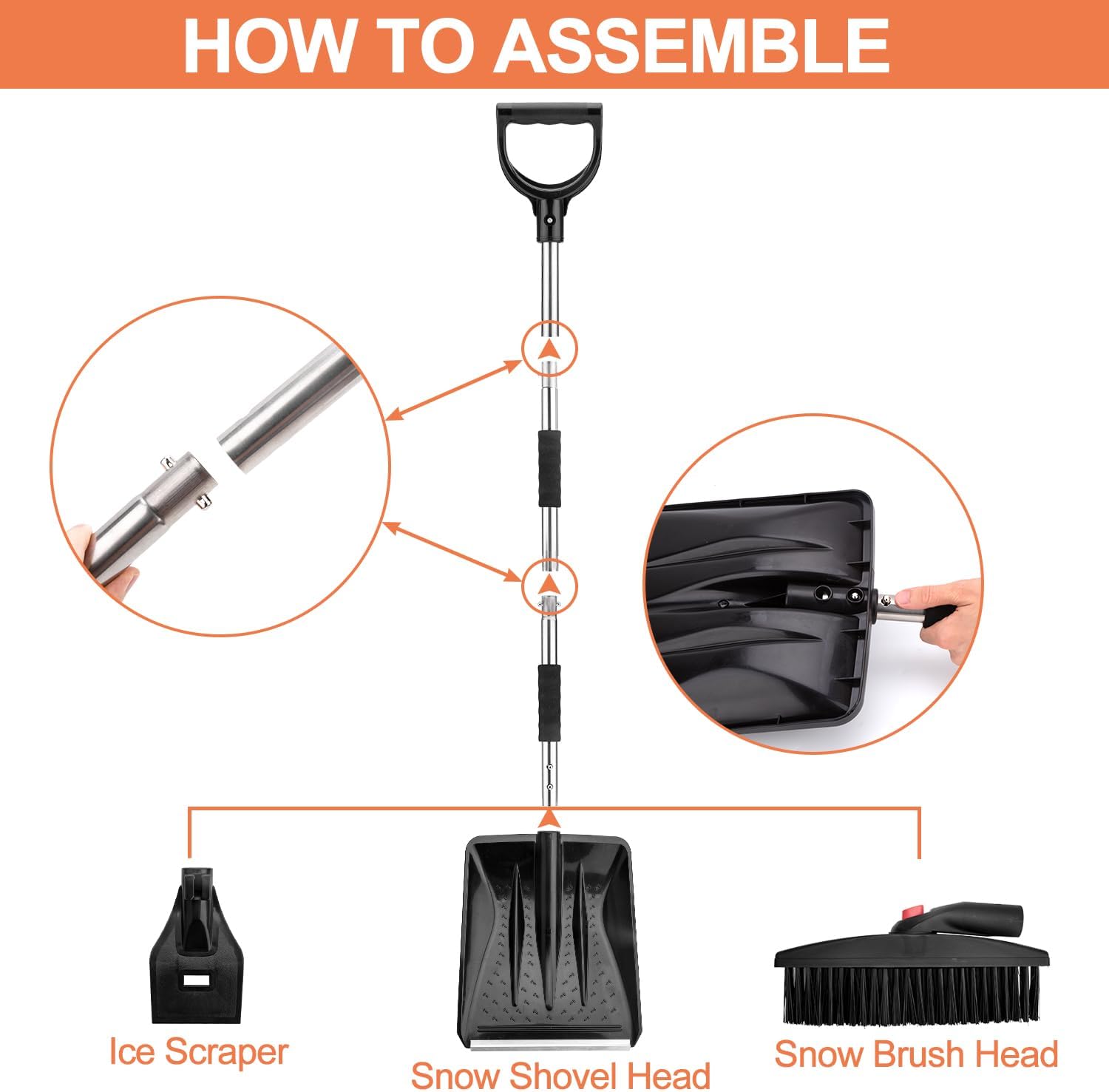 3-in-1 Portable Snow Shovel Kit with Ice Scraper and Snow Brush | Emergency Collapsible Design Snow Remover Set for Garden, Camping, Car