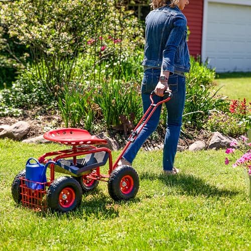 Sunnydaze Garden Seat with Wheels and Adjustable Handle, Red | Steel Rolling Gardening Seat with Utility Tray for Storage, Rotating, Swiveling Motion