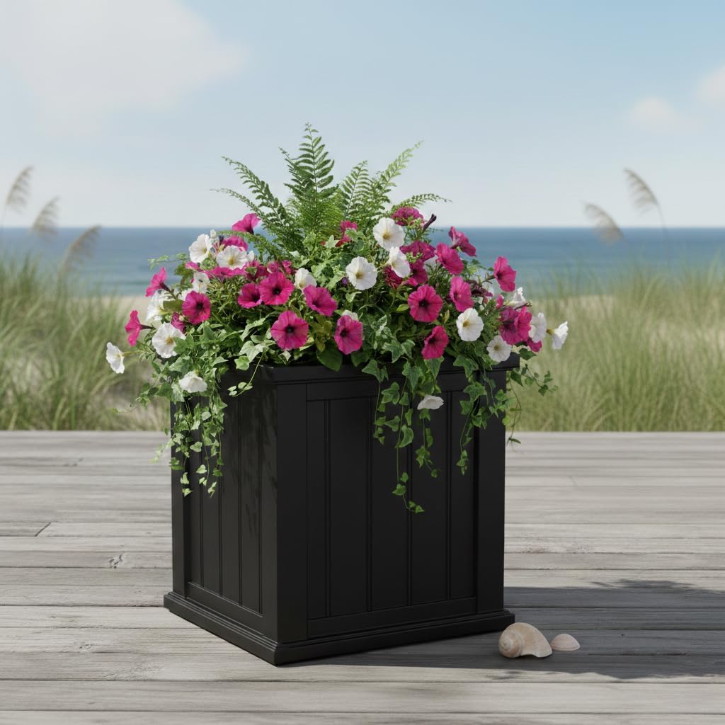 Mayne Cape Cod 14in Self-Watering Square Planter, Black | Self-watering, All season, Fade resistant, Double-wall design, 15-year warranty