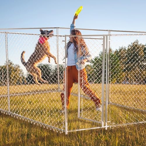 Lucky Dog 10' x 10' x 6' Heavy Duty Outdoor Welded Galvanized Steel Chain Link Dog Kennel Enclosure with 2 Configurations and Latching Door, Silver