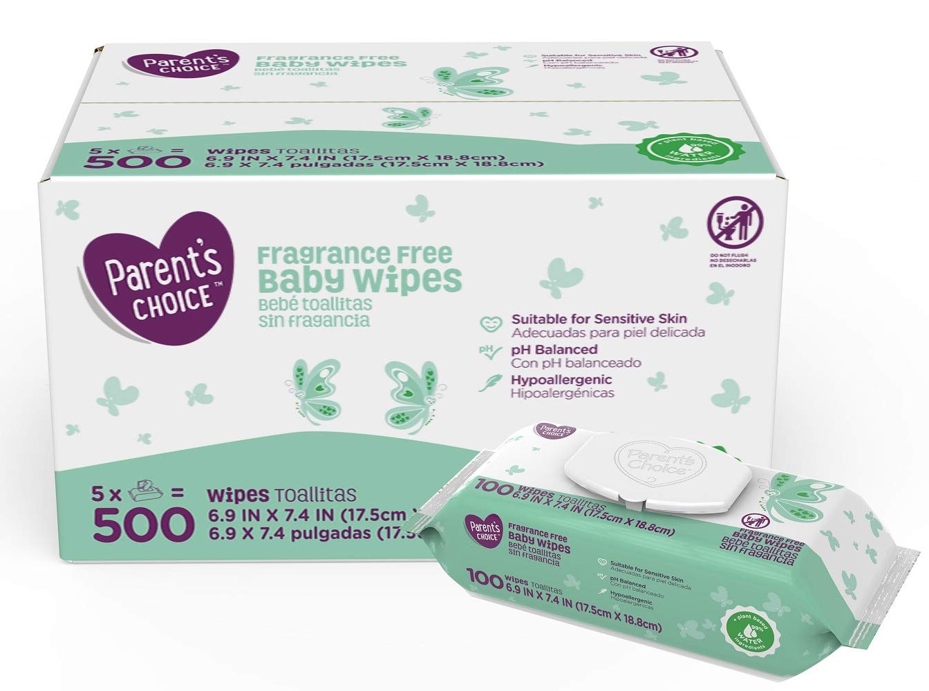 Parent's Choice Fragrance Free Baby Wipes, 500 count (5 packs of 100) (2 Case)