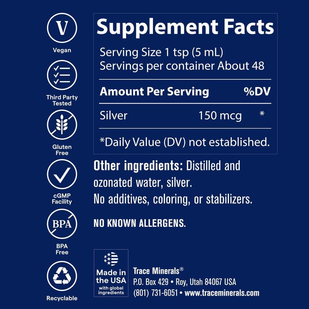 Trace Minerals Colloidal Silver Liquid Supplement, 16 oz | 30 PPM bio-active hydrosol, 99% pure silver, no additives or preservatives, distilled water base, super-oxygenated