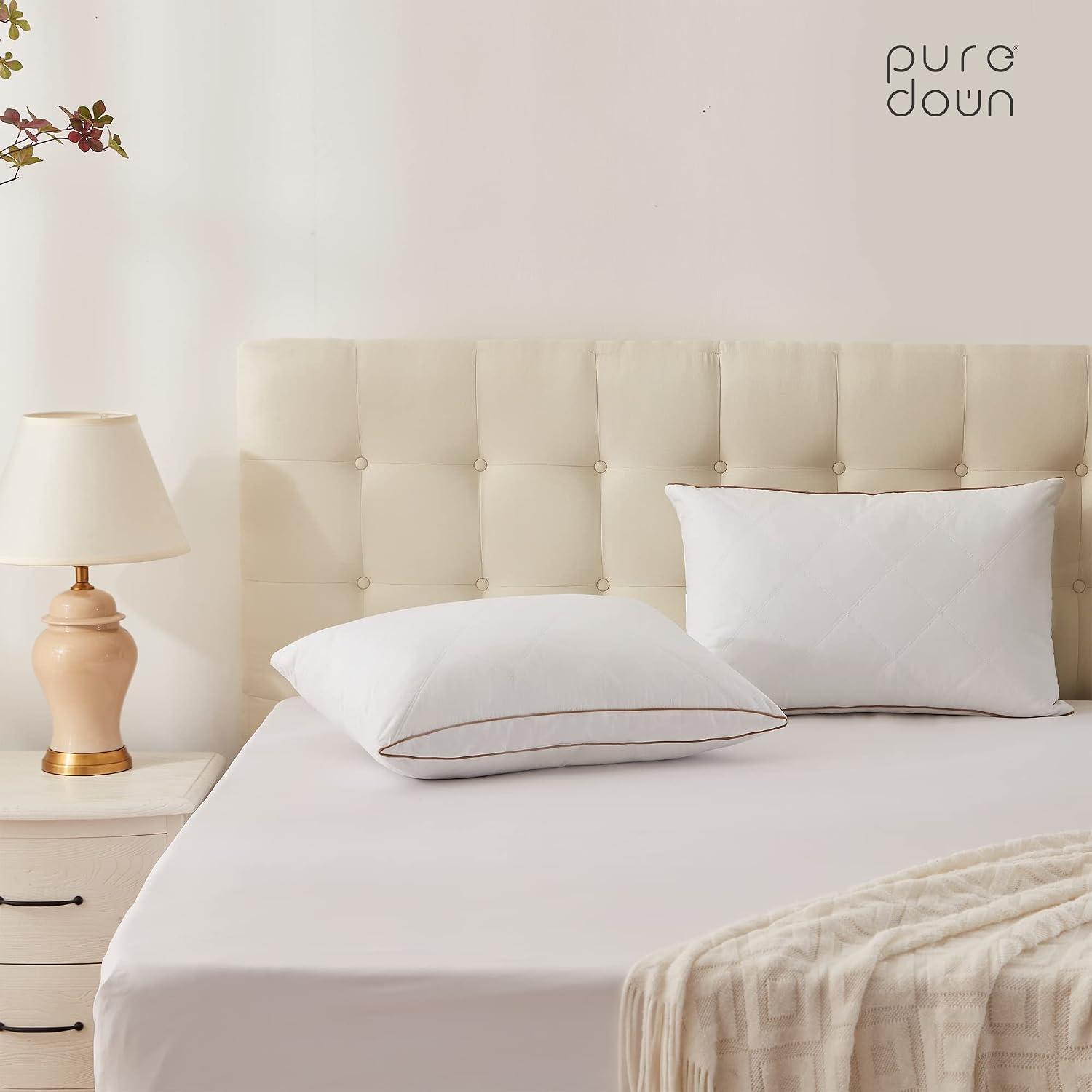 puredown® Goose Feathers and Down Pillow for Sleeping Hotel Collection Bed Pillows, Gusseted, Queen, Set of 2