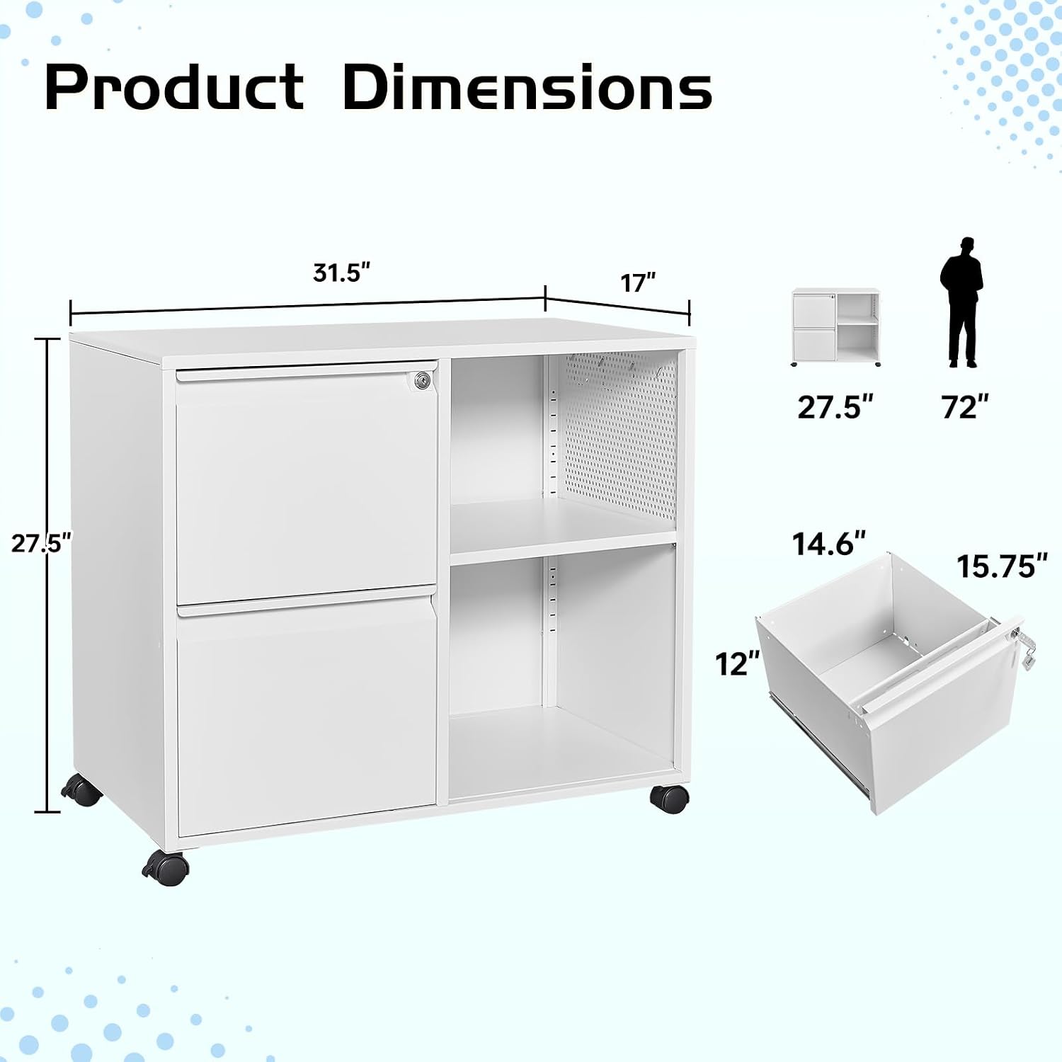 MIIIKO 3 Drawer File Cabinet with Lock, Metal Lateral Rolling Printer Stand Filing Cabinets for Home Office Storage,A4, Letter,File Folders(White)