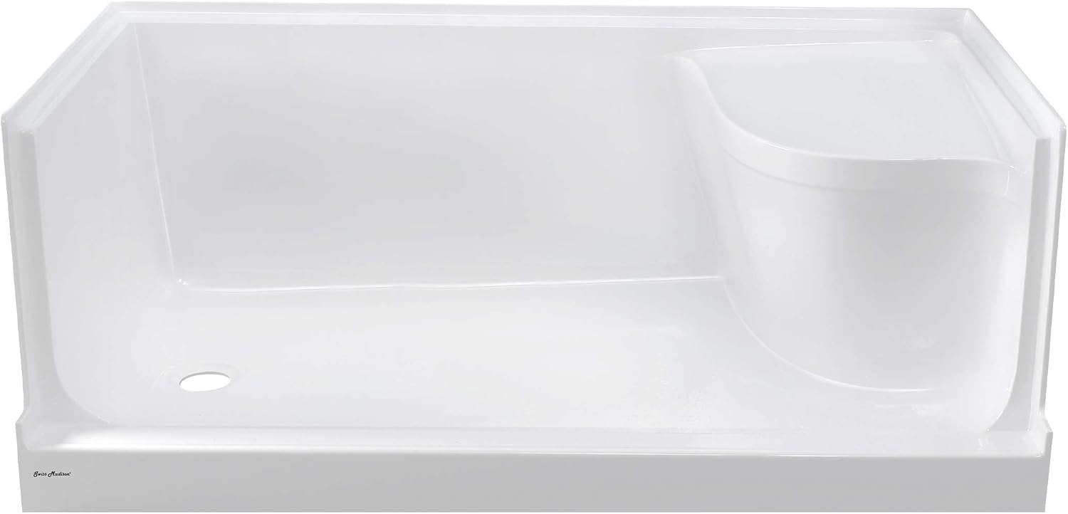 Aquatique 60 X 32 Single Threshold Shower Base With Left Hand Drain and Integral Right Hand Seat in White