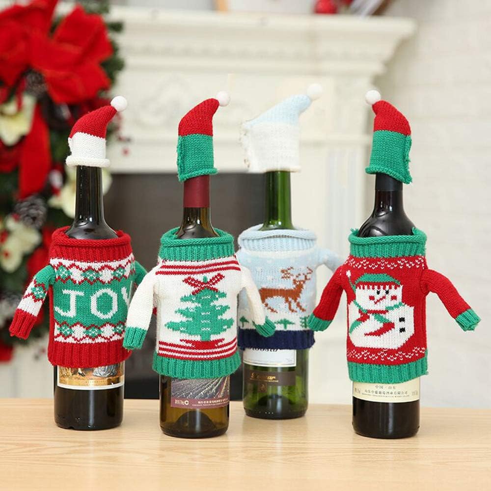 Vpang Christmas Bottle Cover Bag Knitted Wine Bottle Sweaters Cover Dress with Hat Set of 4