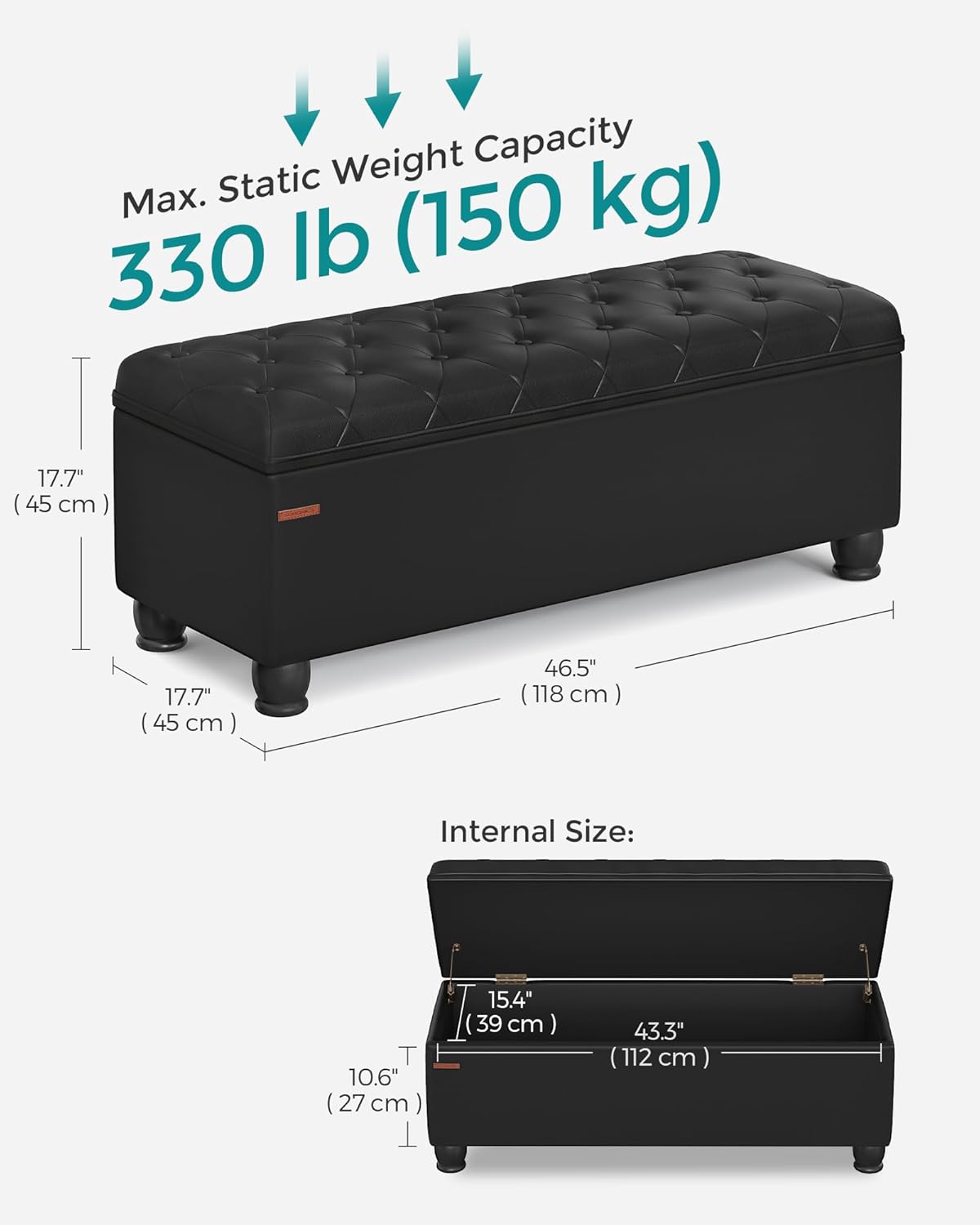 SONGMICS Storage Ottoman, 46.5 Inches Bedroom Bench, Solid Wood Legs