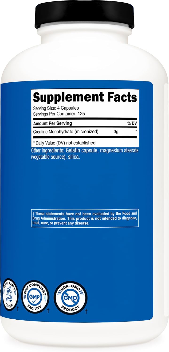 Nutricost Micronized Creatine Monohydrate (3,000mg) 500 Capsules | 125 Servings, 750mg Creatine Per Capsule